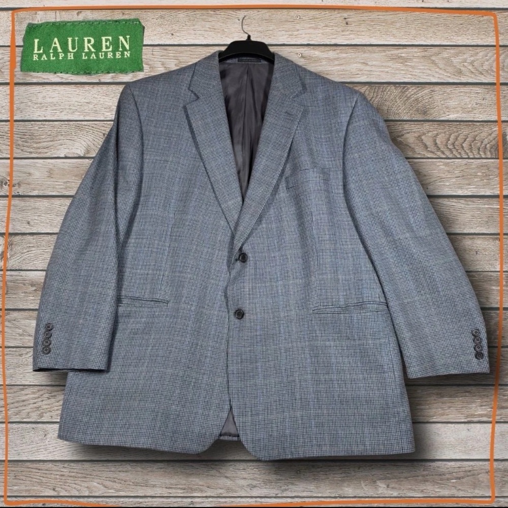 Lauren Ralph Lauren Silk Wool Blazer 50R Grey Houndstooth Tailored Sport Coat‎